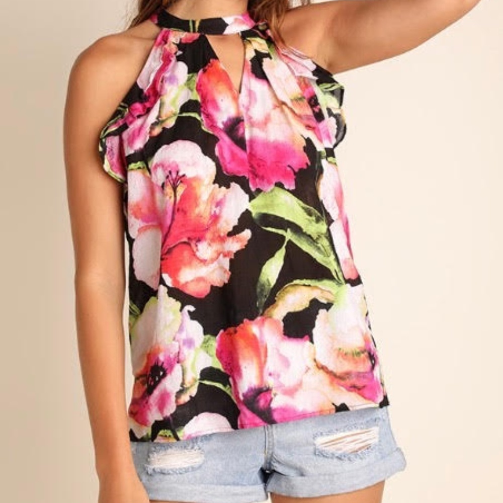 *UMGEE Floral Halter Top with Keyhole Back and Tie